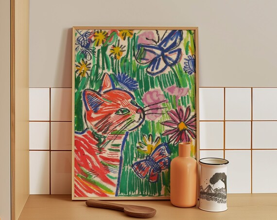 Orange Cat Among Flowers And Butterflies Colorful Garden Poster