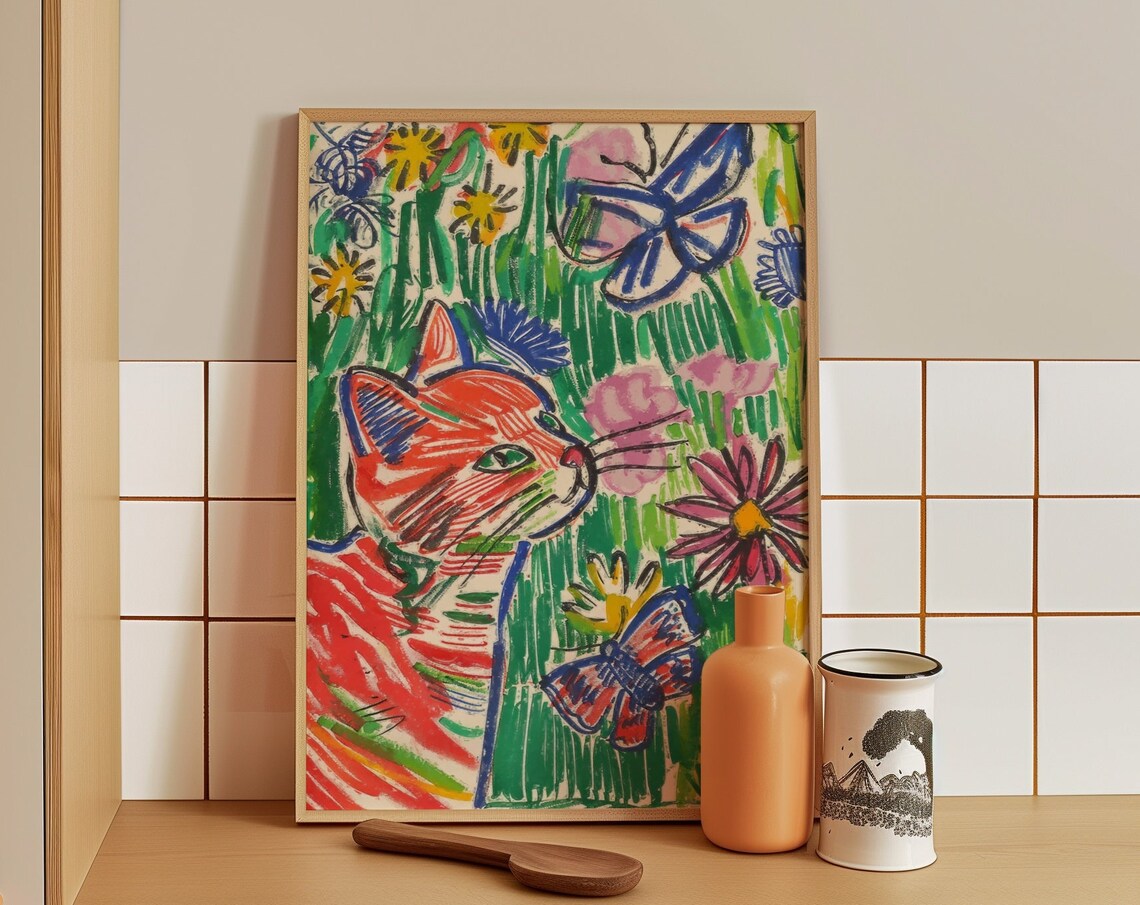 Orange Cat Among Flowers And Butterflies Colorful Garden Poster