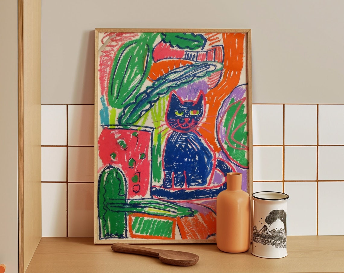Dark Blue Cat Among Tropical Plants Colorful Abstract Poster
