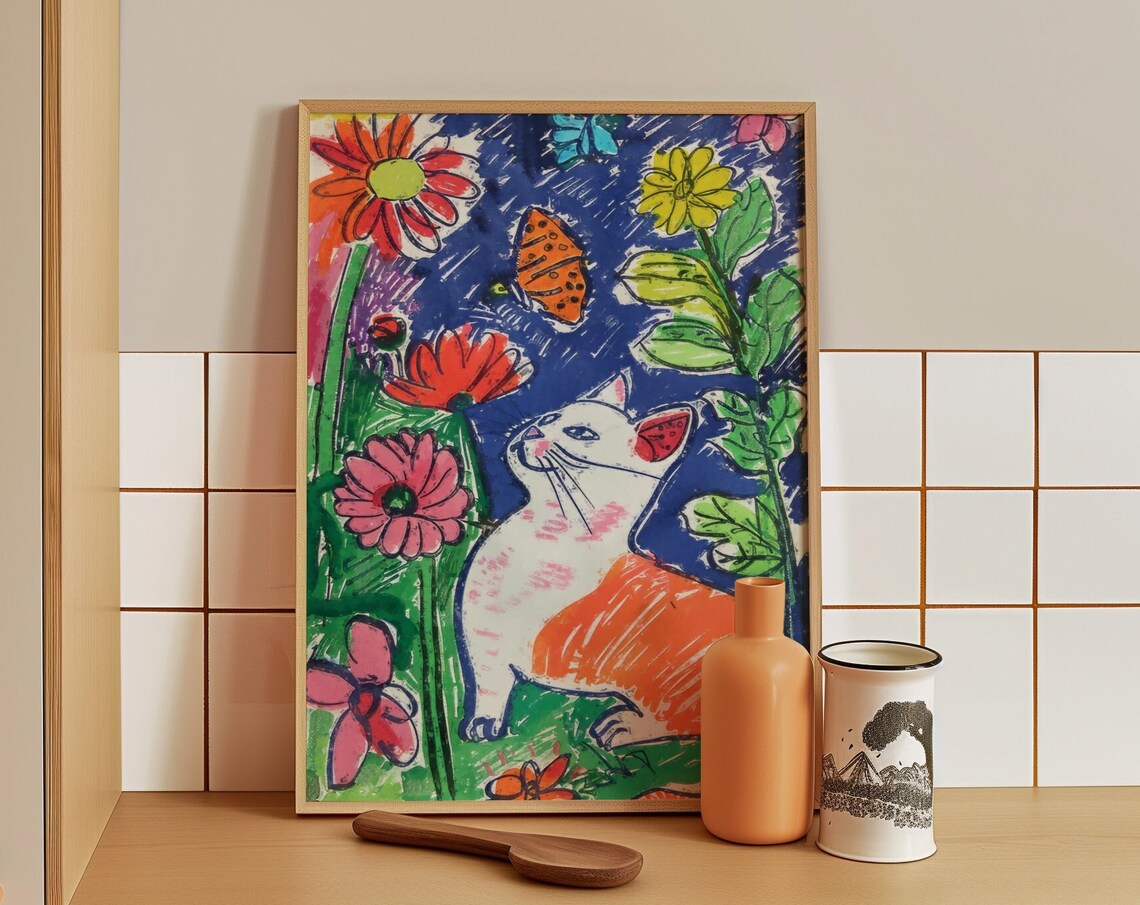 White Cat Among Pink Flowers And Butterflies Garden Cat Poster