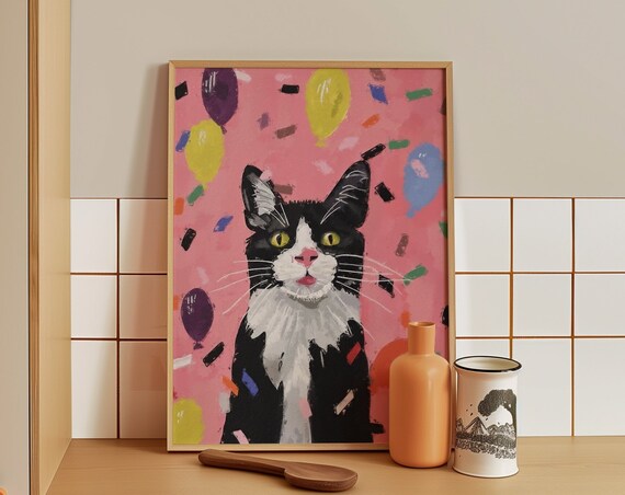 Tuxedo Cat With Colorful Balloons And Confetti Party Celebration Poster
