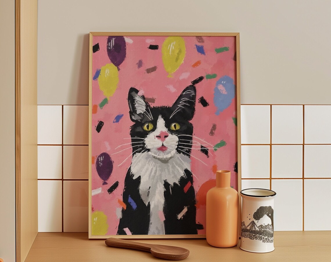 Tuxedo Cat With Colorful Balloons And Confetti Party Celebration Poster