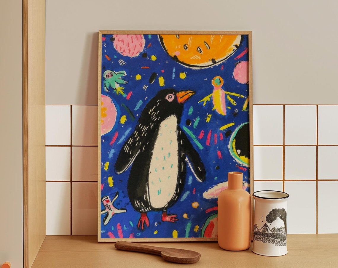 Brave Penguin Floating Among Planets and Stars in Outer Space Poster