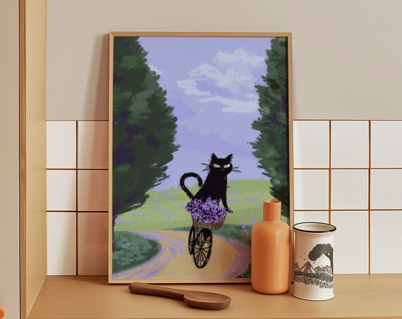 Black Cat Riding Bicycle With Lavender Basket On Country Path Art Poster