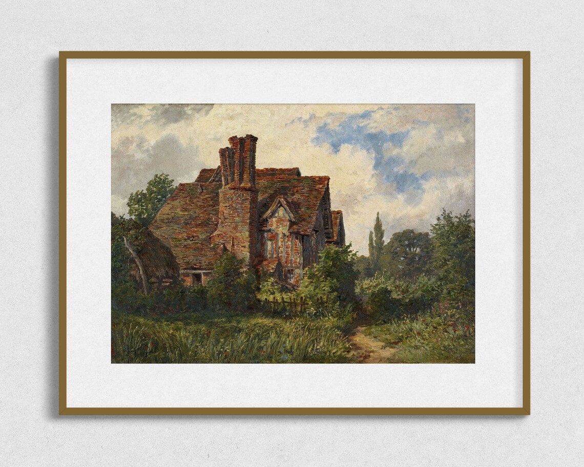 Old Brick Farmhouse Country Lane Vintage Pastoral Oil Painting Poster