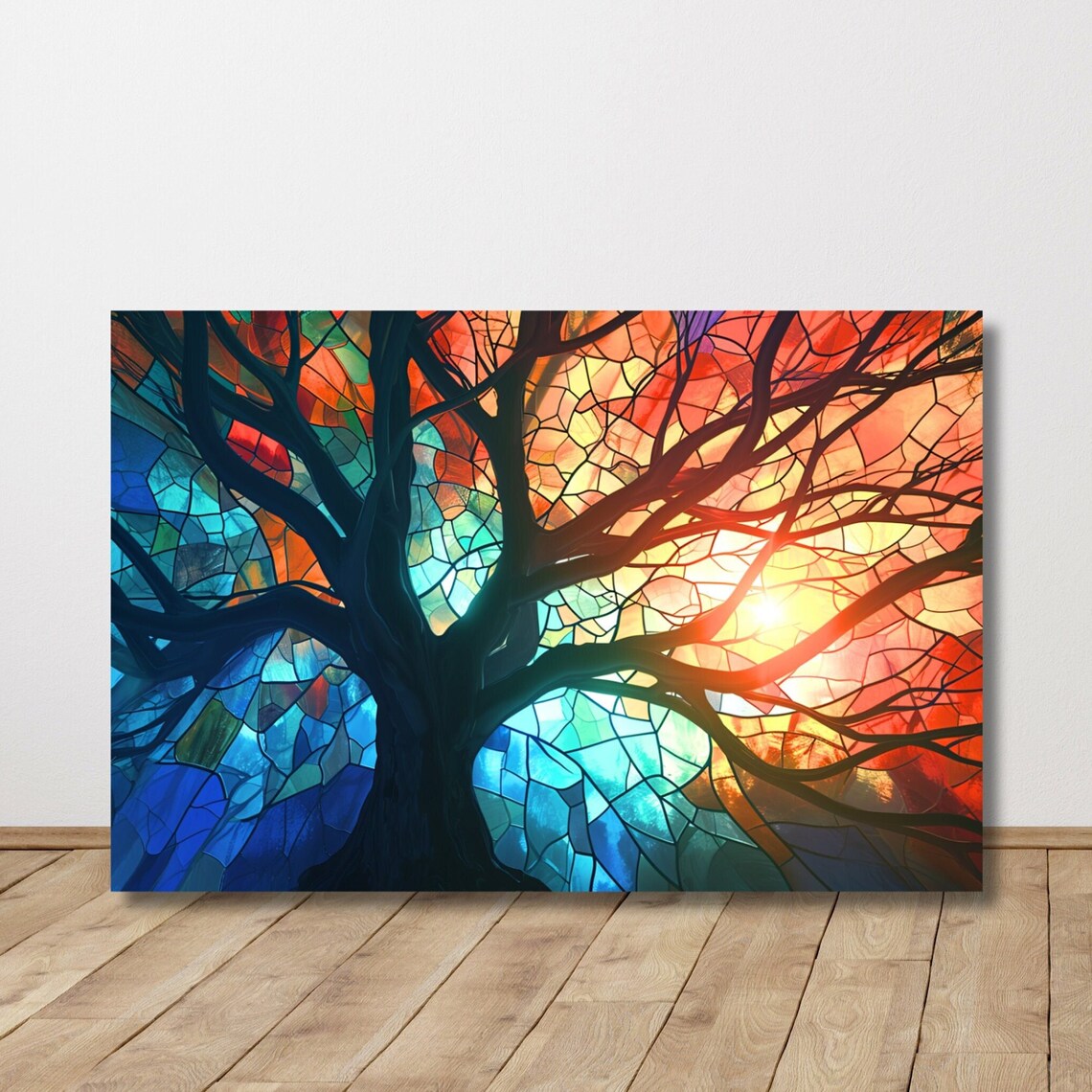 Tree Silhouette Against Stained Glass Style Sky Scenic Poster