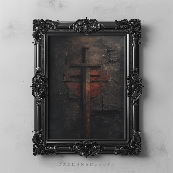 Rustic Dark Abstract Sword Art Medieval Red And Black Industrial Texture Expressionist Fantasy Bold Wall Print Decor