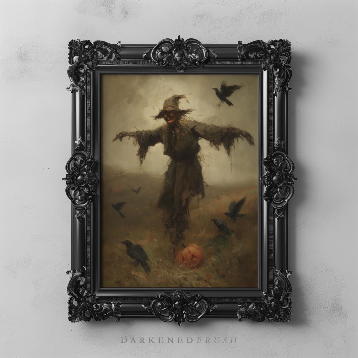 Haunted Scarecrow Pumpkin Patch Crows Foggy Autumn Night Poster