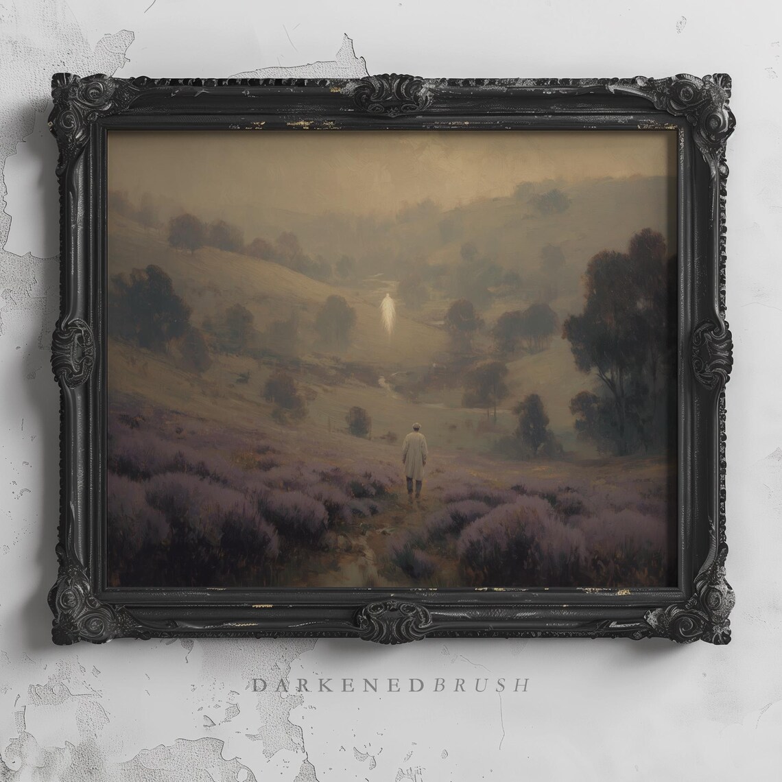 Man Walking Toward Holy Angel Misty Lavender Hills Christian Wall Art