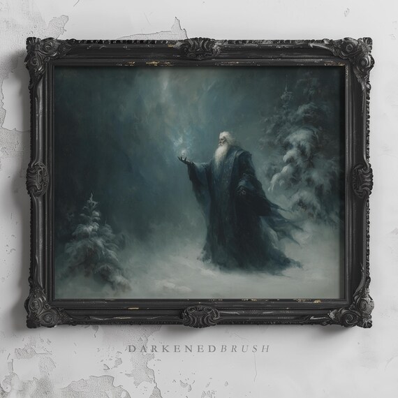 Wizard in Snowy Forest Gothic Dark Fantasy Oil Painting Poster