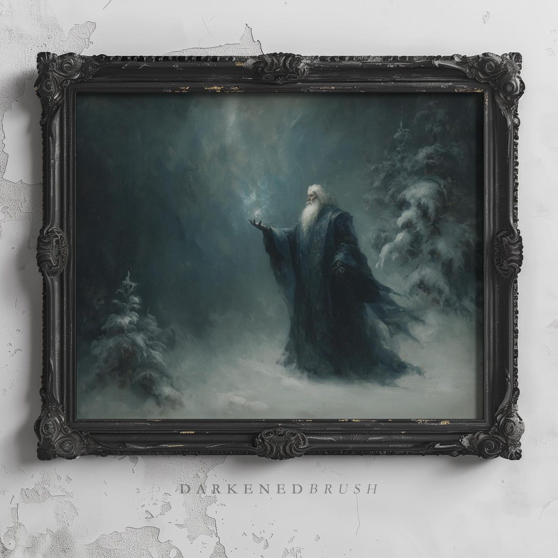 Wizard in Snowy Forest Gothic Dark Fantasy Oil Painting Poster