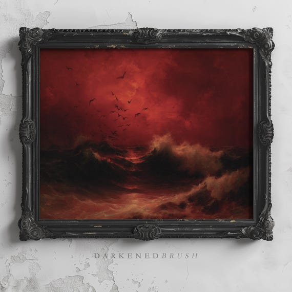 Blood Red Sky Over Ocean Gothic Seascape Wall Art Apocalyptic Maritime Coastal Nautical Decor Sailor Gift 149