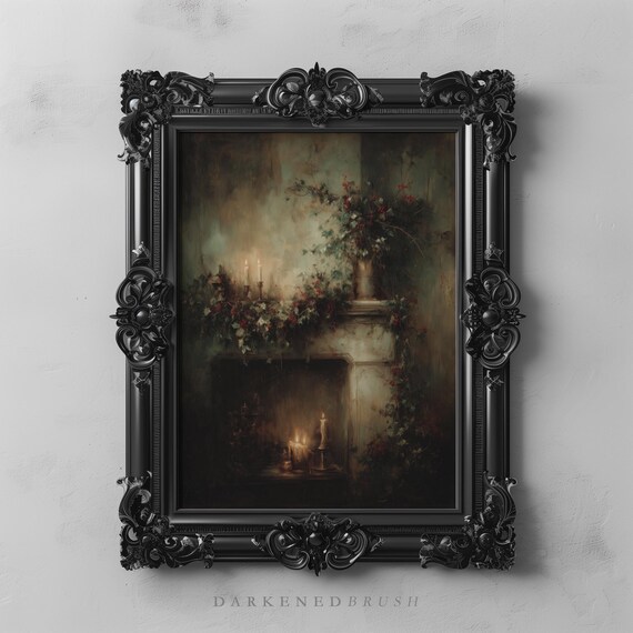Victorian Fireplace Mantle with Holly Garland Candlelit Art Poster