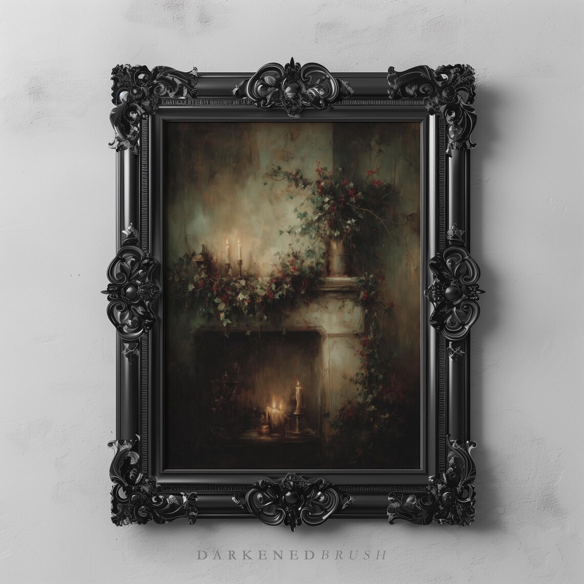 Victorian Fireplace Mantle with Holly Garland Candlelit Art Poster