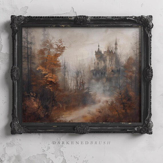 Autumn Mist Castle Wall Art Print Vintage Fall Misty Forest Landscape Gothic Fantasy Halloween Farmhouse Decor