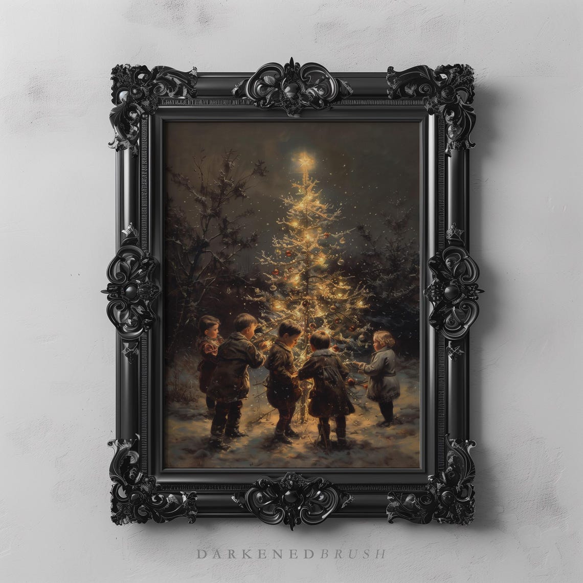 Children Around Christmas Tree Vintage Winter Night Art Poster