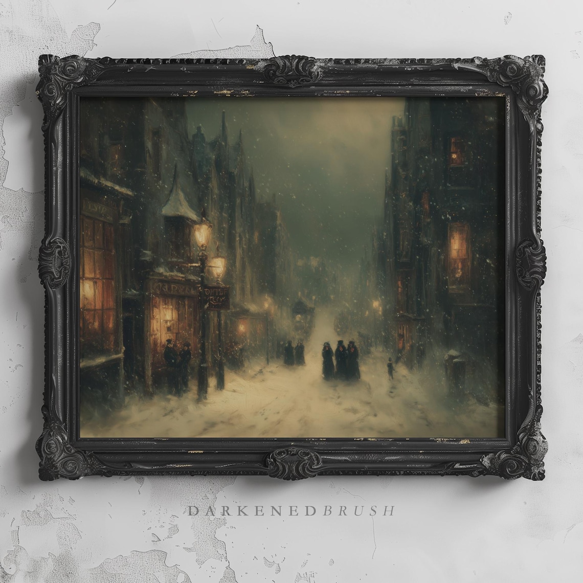 Snowy Victorian Street Night Glowing Lampposts Dark Winter Art Poster