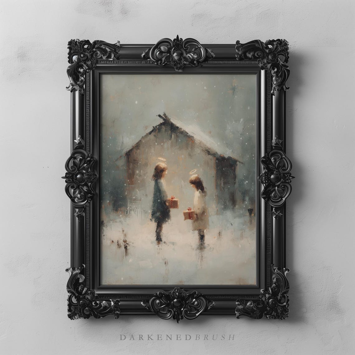 Christmas Angel Children With Gifts In Snow Stable Winter Art Poster