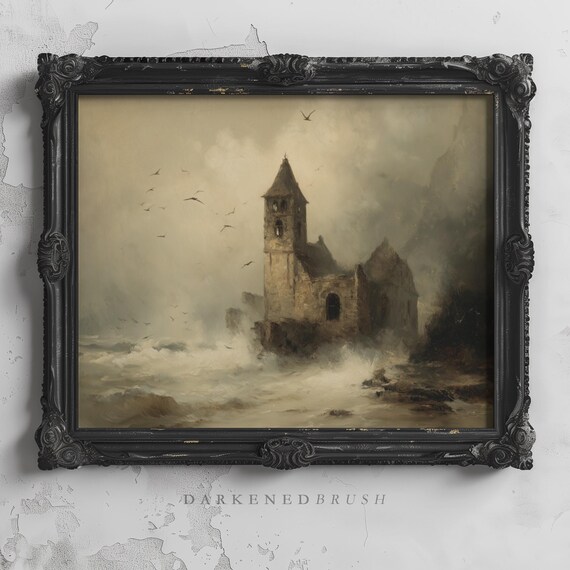 Old Chapel Tower On Stormy Coast Gothic Seaside Nautical Wall Art Haunted Maritime Ocean Waves Moody Decor Coastal 146