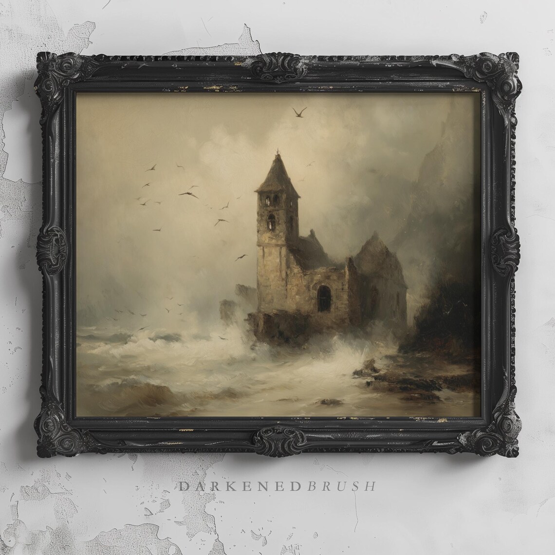 Old Chapel Tower On Stormy Coast Gothic Seaside Nautical Wall Art Haunted Maritime Ocean Waves Moody Decor Coastal 146