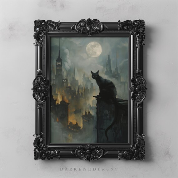 Gothic Dark Cityscape Black Cat Art Academia Decor Moody Wall Full Moon Halloween Painting Fantasy City