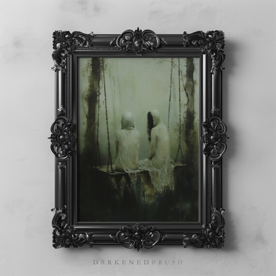Forest Ghosts On Swing Dark Art Goth Wall Oil Painting Academia Decor Moody Witchy Occult Poster
