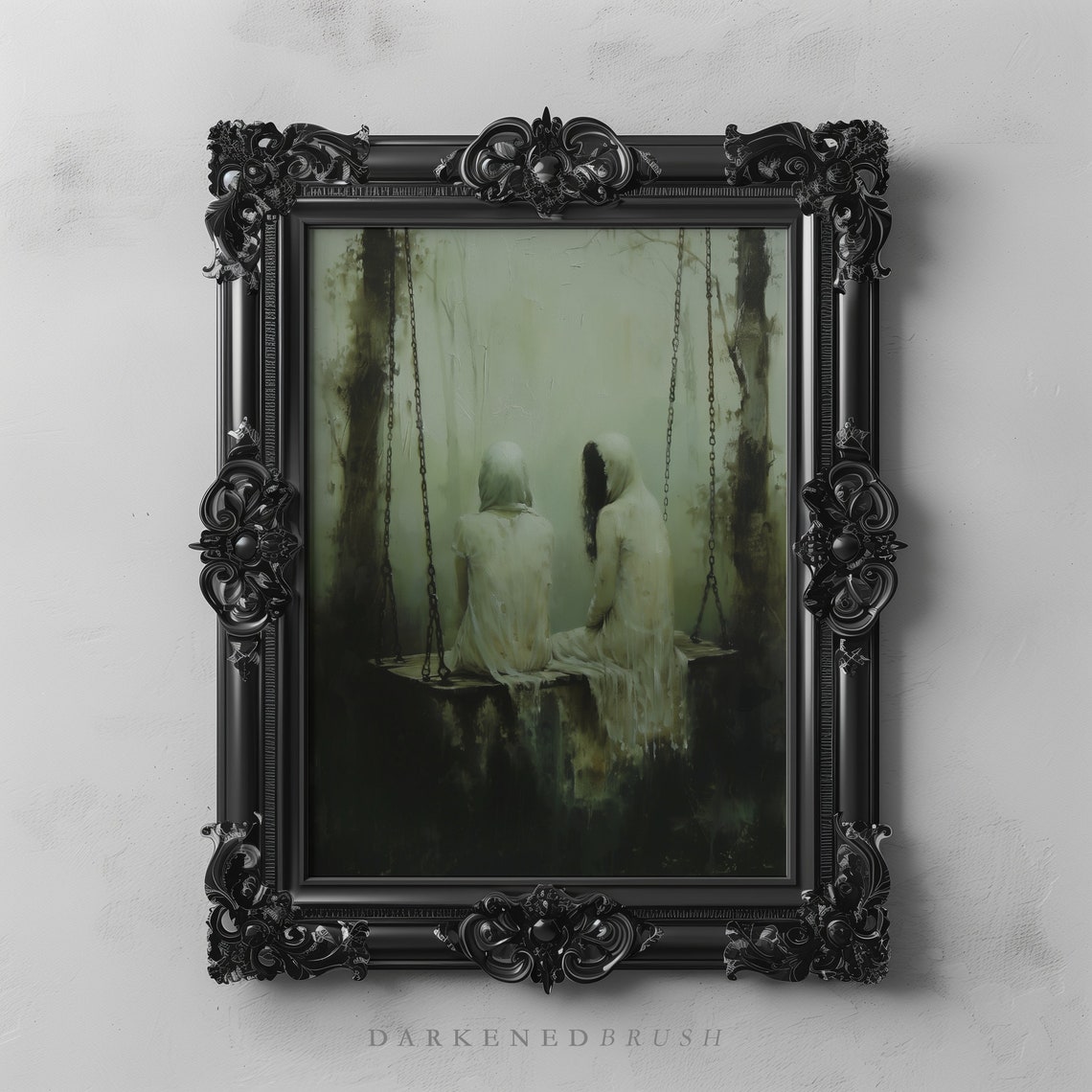 Forest Ghosts On Swing Dark Art Goth Wall Oil Painting Academia Decor Moody Witchy Occult Poster