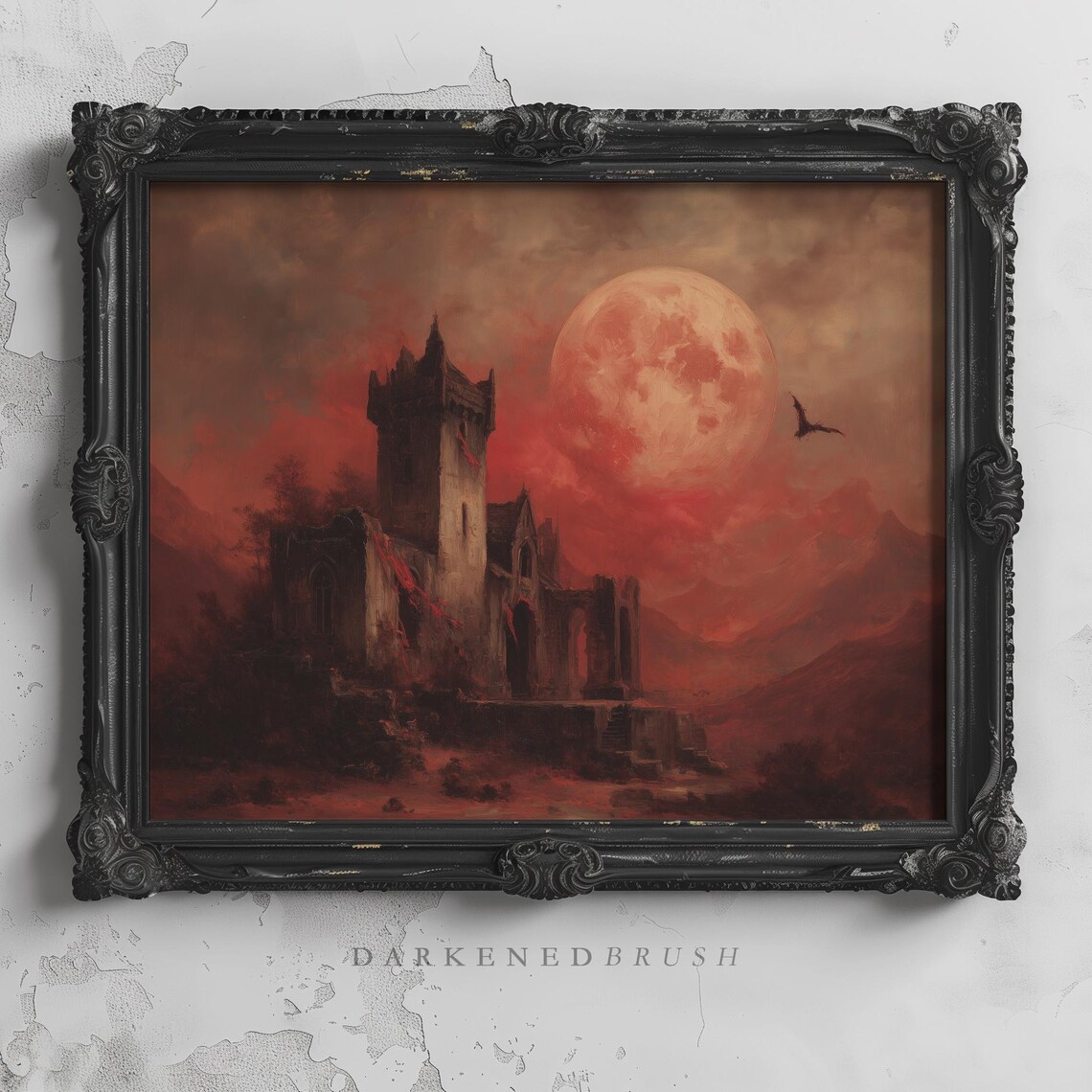Gothic Castle and Blood Moon Vintage Halloween Art Print