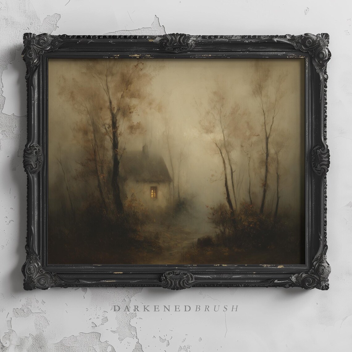 Tiny Glowing House In Foggy Forest Autumn Vintage Oil Painting Poster