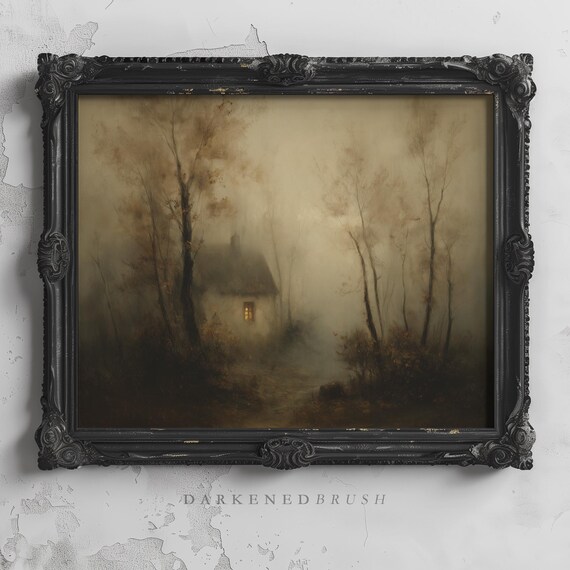 Tiny House Glowing In Thick Forest Fog Minimal Gothic Halloween Autumn Vintage Oil Painting Landscape Decor 309