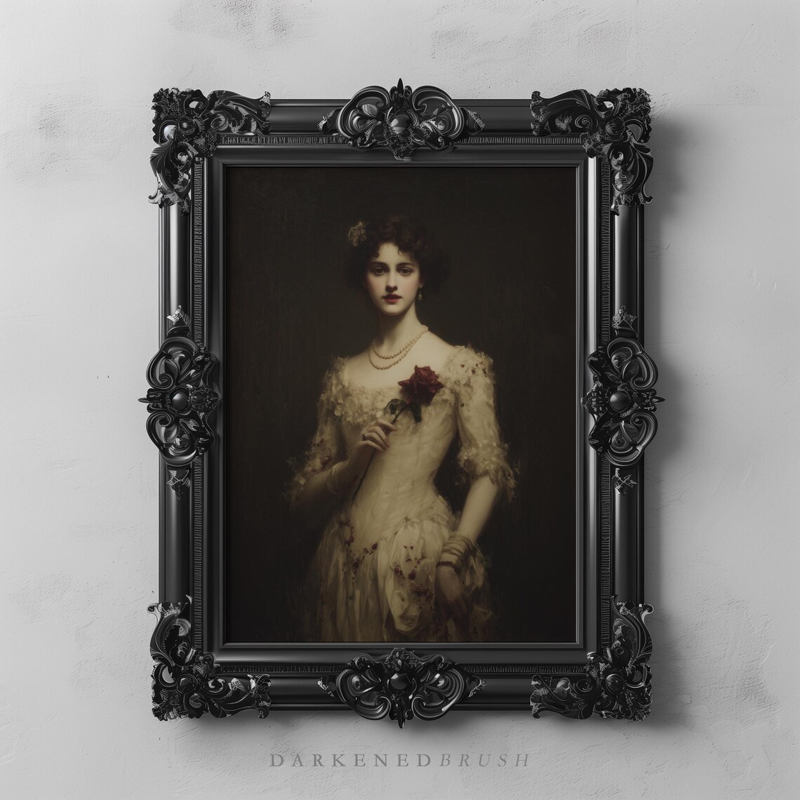 Victorian Woman Red Rose Gothic Dark Academia Romantic Portrait Print