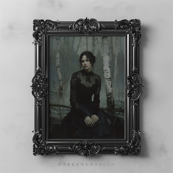 Gothic Princess In Dark Forest Art Woman Oil Painting Portrait Moody Wall Academia Decor Instant