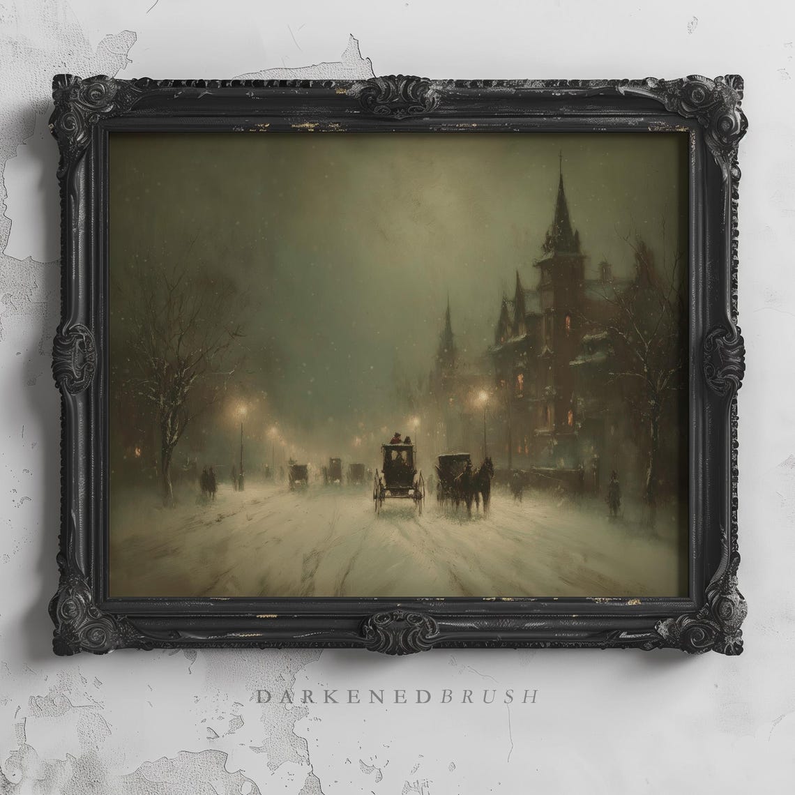 Victorian Carriage In Snowy City Street Oil Painting Gothic Holiday Festive Christmas Night Art Winter Landscape Decor 339