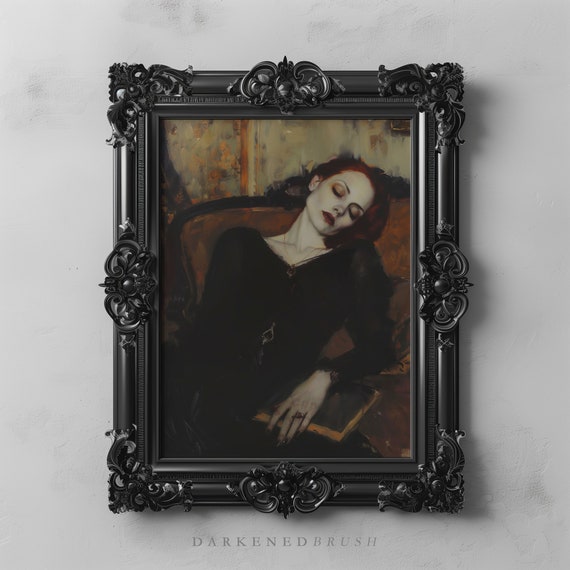 Elegant Woman Sleeping On Couch Painting Dark Decor Victorian Wall Art Gothic Princess Oil