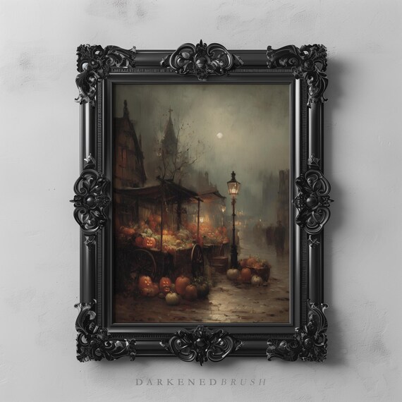 Victorian Halloween Market With Glowing Jack O Lanterns Pumpkins Dark Gothic Village Street Art Moody Seasonal Wall Decor 160