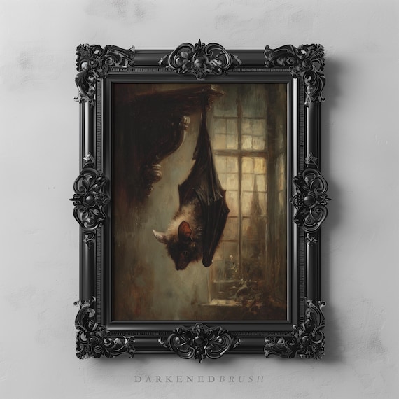 Vintage Bat Hanging Upside Down In Window Gothic Animal Wall Art Haunted Victorian Decor Dark Academia Halloween 115
