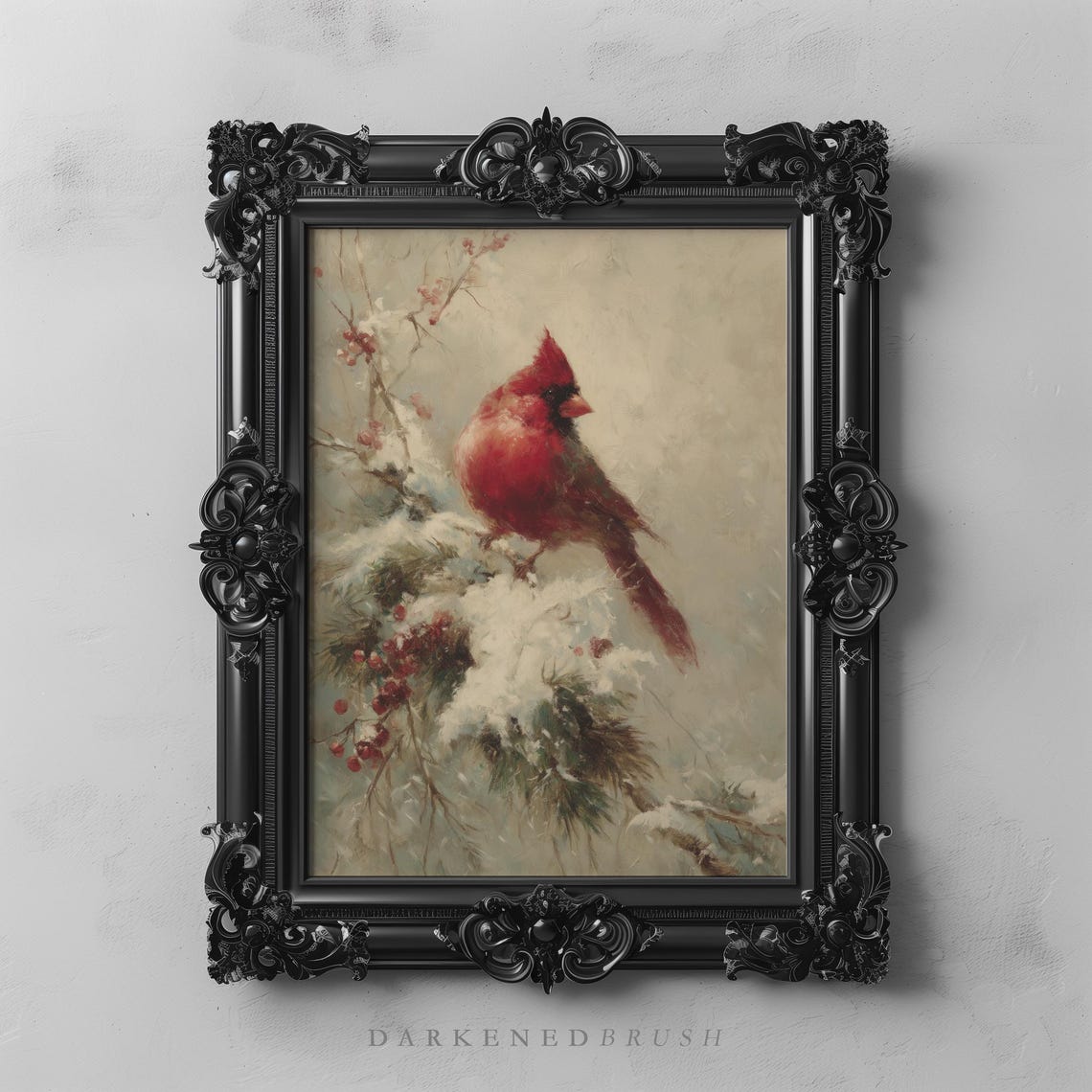Red Cardinal On Snowy Branch Winter Berries Vintage Christmas Poster