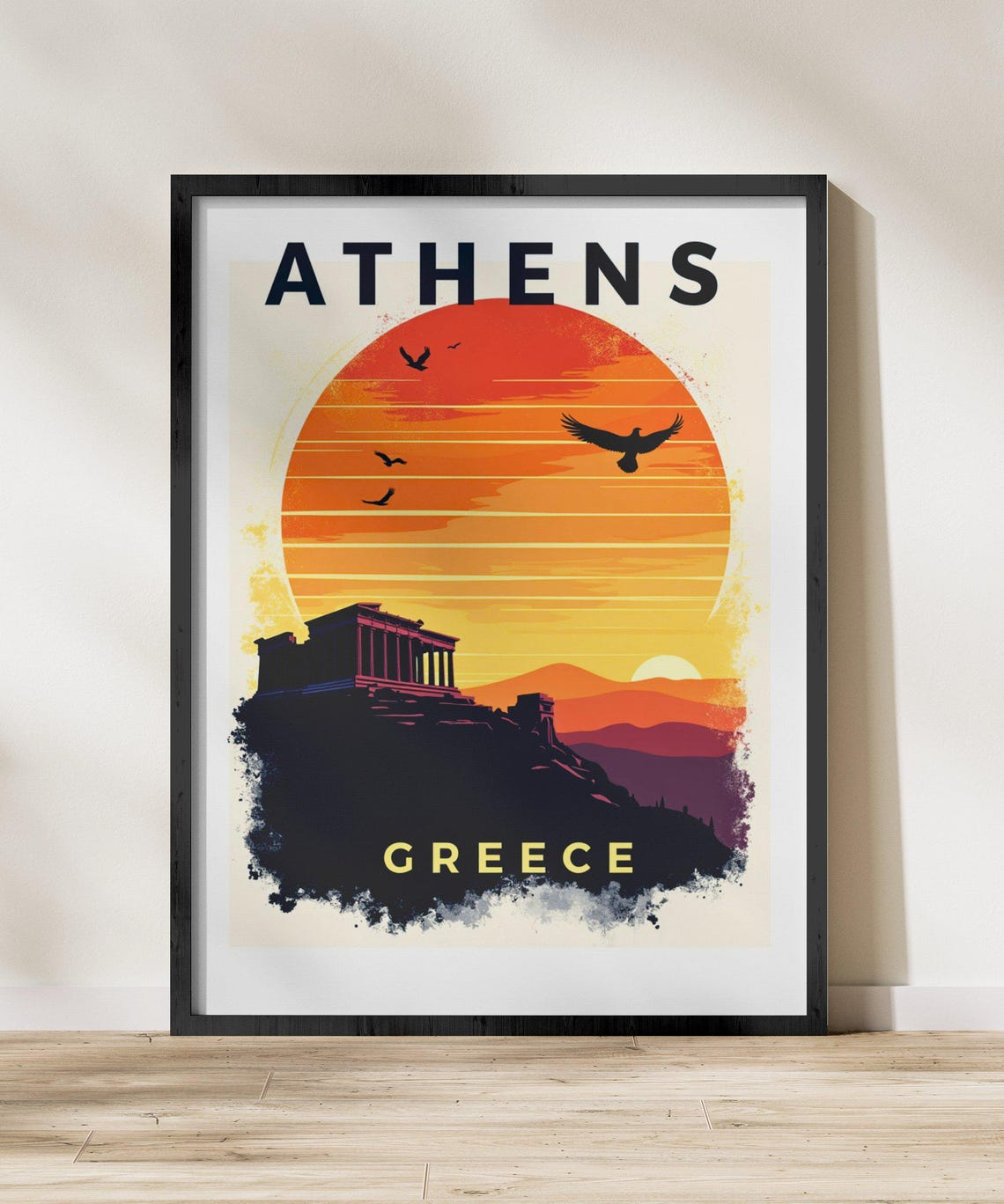 Athens Greece Acropolis Sunset Parthenon Birds Retro Travel Poster - Image 2