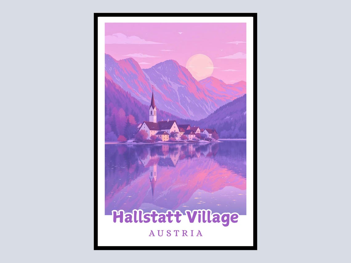 Hallstatt Village Austria Travel Poster Alpine Lake Sunset View
