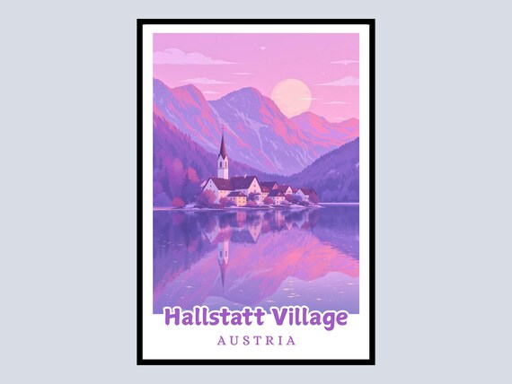 Hallstatt Village Austria Travel Poster Alpine Lake Sunset View