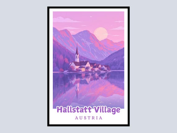 Hallstatt Village Framed Poster Austria Travel Lake Reflection Art Print Purple Mountain Scenery Decor Gift Home Wall