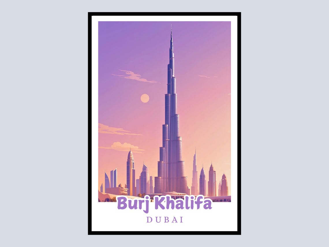 Burj Khalifa Dubai Skyline Travel Poster Iconic Tower Sunset Art