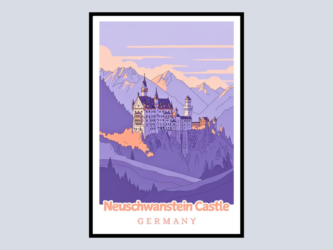 Neuschwanstein Castle Germany Travel Poster Purple Fairytale Mountain Scene