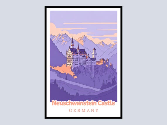 Neuschwanstein Castle Framed Poster Germany Travel Art Bavarian Alps Wall Decor Vintage German Gift Home Office