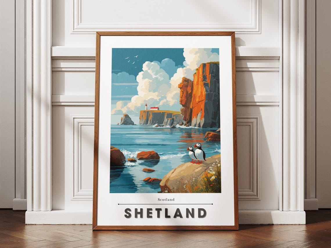 Shetland Scotland Coastal Cliffs Lighthouse and Puffins Travel Poster
