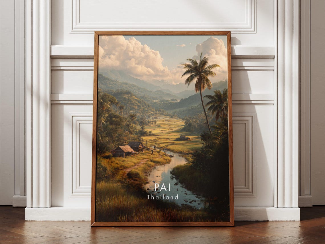 Pai Thailand Mountain Valley and Rice Fields Travel Art Poster