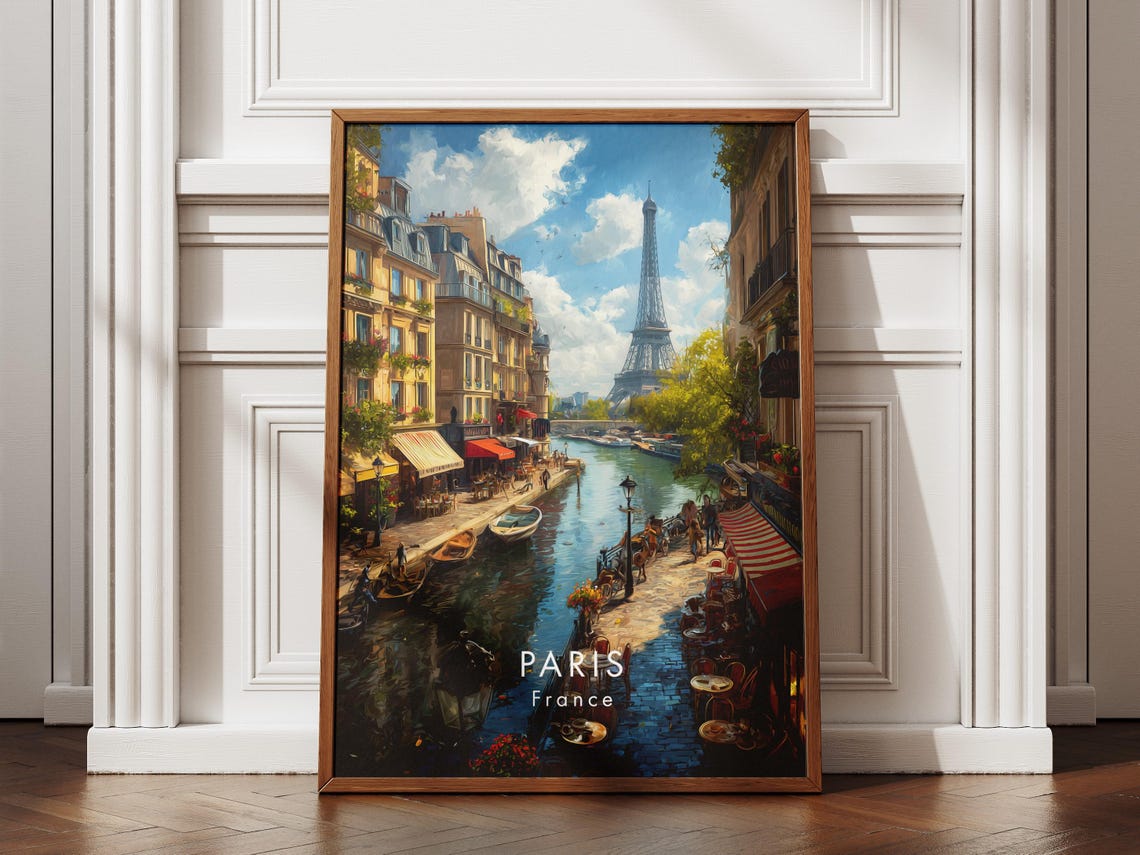 Paris France Eiffel Tower Canal Cafes Charming Riverside Poster