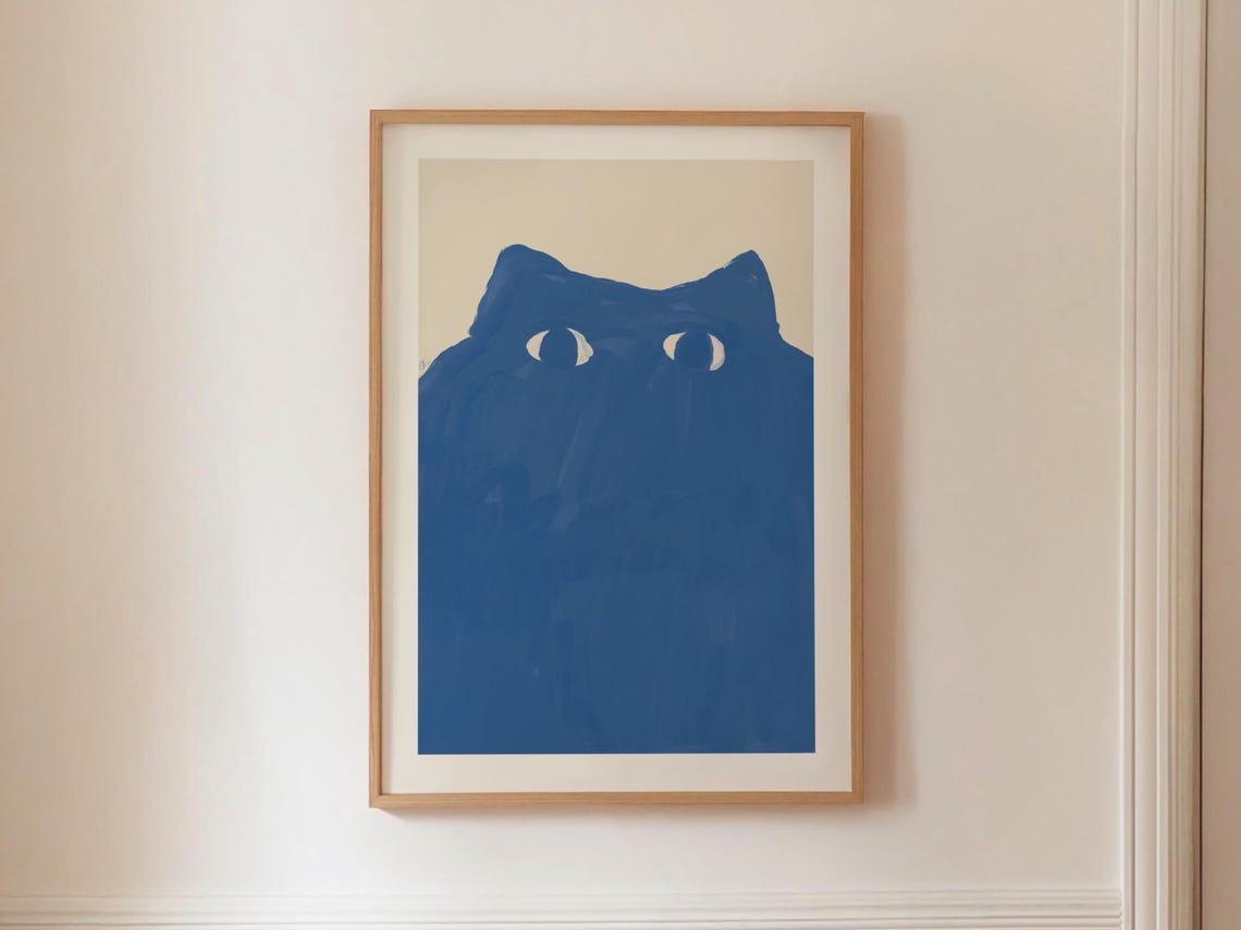 Curious Big Blue Cat Face Modern Abstract Feline Portrait Art Poster