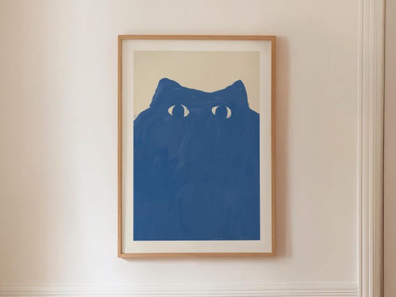 The Big Blue Cat Quirky Animal Sketch Abstract Fine Art Print Unique Gallery Wall Colorful Modern Painting Digital Printable Download