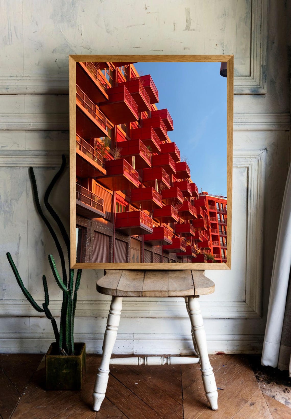 Bold Red Modern Apartment Balconies Blue Sky Urban Architecture Poster - Image 2